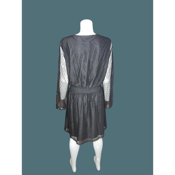 Danielrainn Black V Neck Polka Dot Sheer Long Sleeve Dress Women Large - Picture 6 of 11